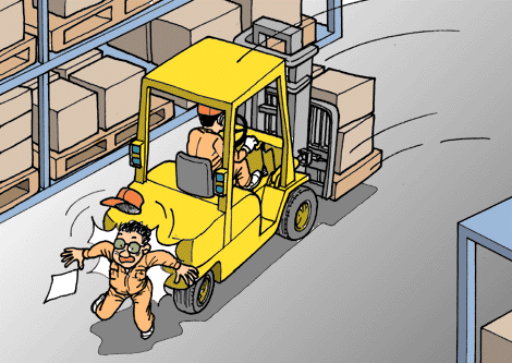 Forklift backing over warehouse employee