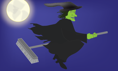 A broom witch flies across the night sky