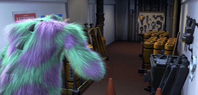 material handling in monsters inc - sulley finds a secret entrance